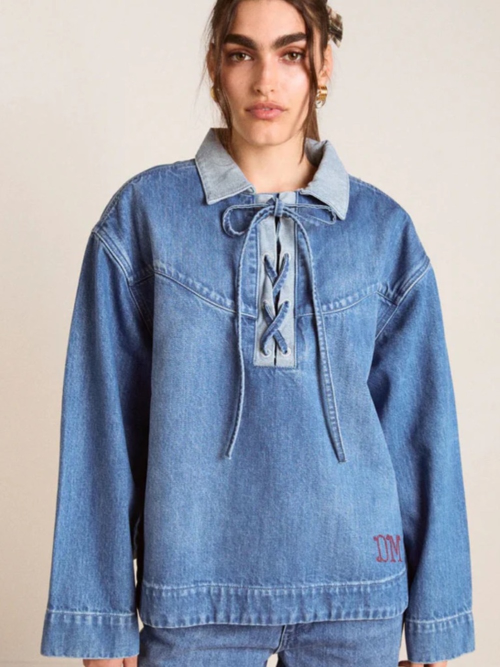 Damson Madder Women's Blue Denim Lace-Up Pullover Jacket - Picture 6 of 6